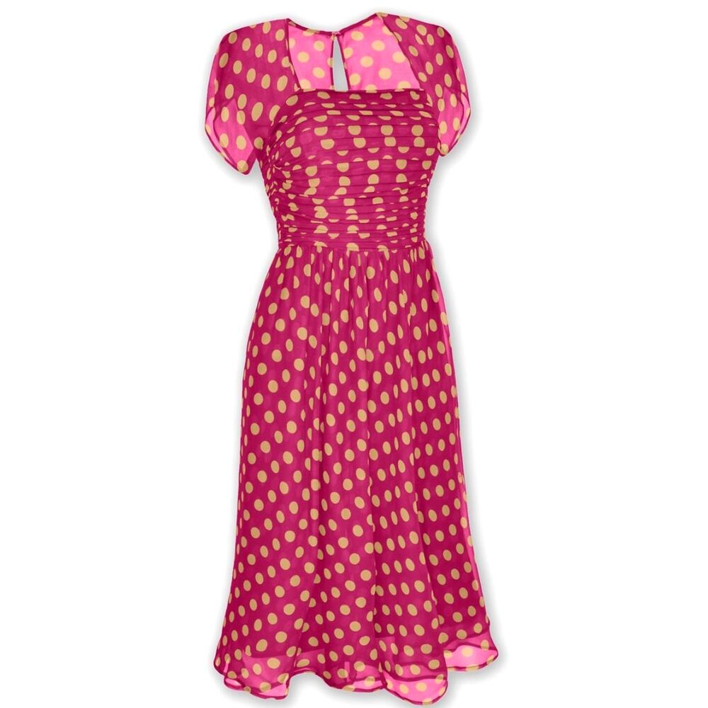 J. Peterman LIDO 100% Silk Georgette Polka Dot Retro Dress in Pink Gold Size 14